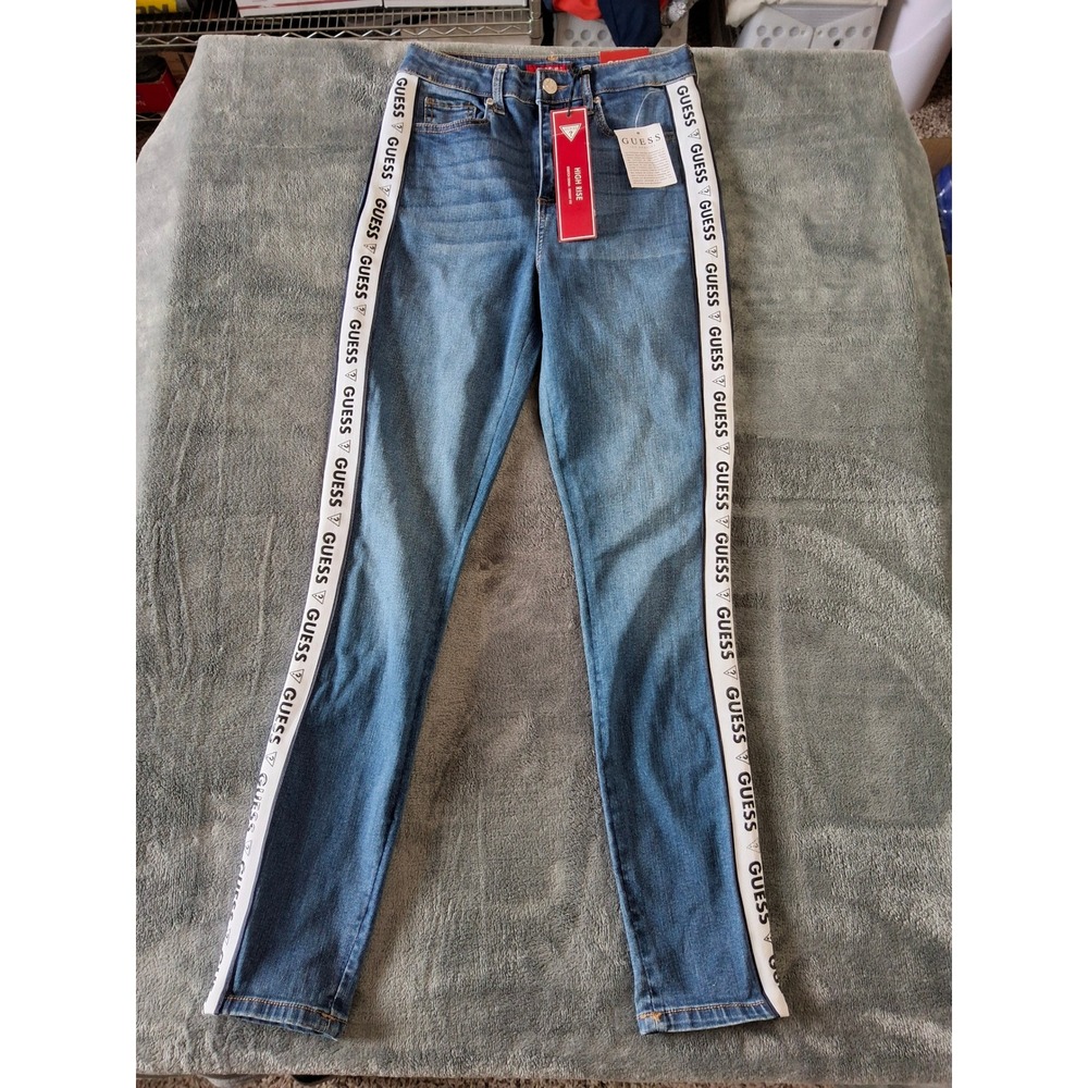 Guess Womens High Rise Skinny Jeans Logo Tape Side Stripe‎ Blue Denim 25 NWT